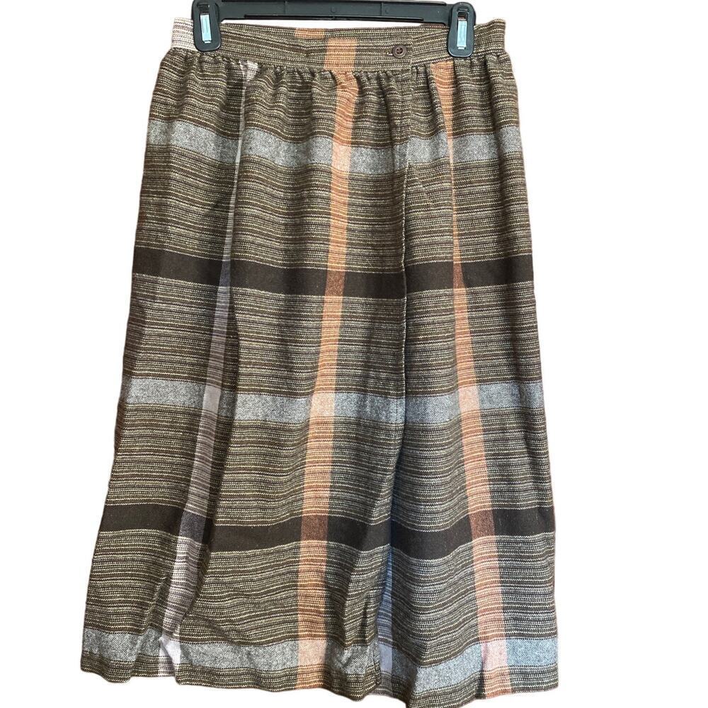 VINTAGE Wool Brown Peach 60s Plaid Wrap Skirt Small